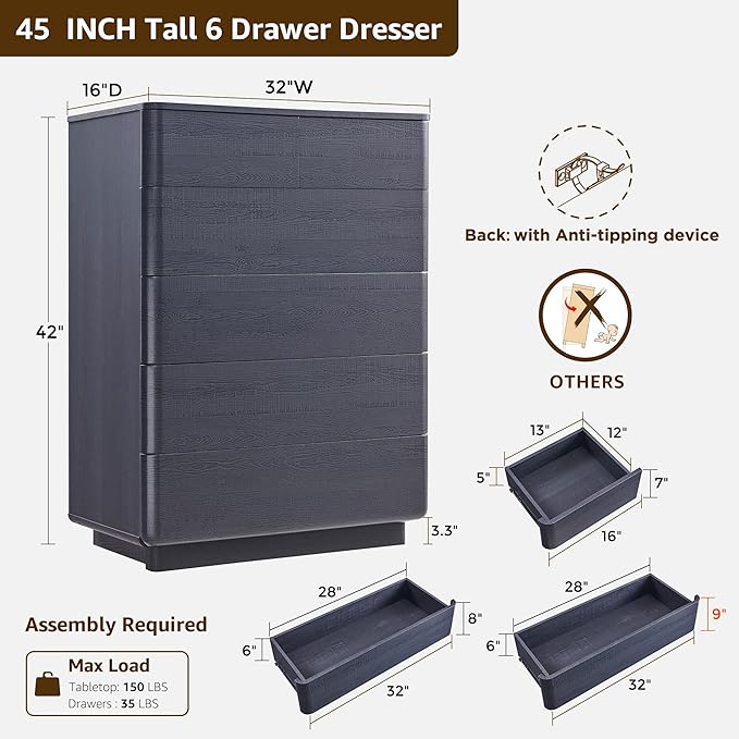 ACCOHOHO 6 Drawer Dresser for Bedroom, 42 Inch Tall Modern Chest of Drawers - Image 2