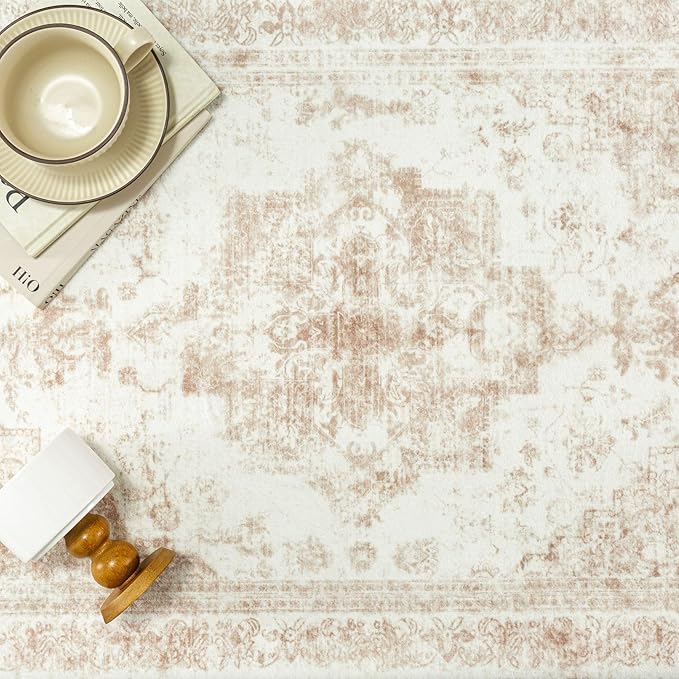 Area Rug 2x3 Cream Washable Entryway Vintage Medallion Beige Carpet Non Slip - Image 6