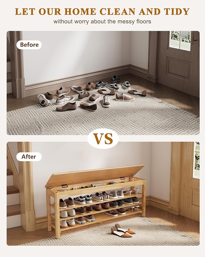 Shoe Rack Bench Seat Rubberwood 3-Tier Wooden Storage Bench 550lbs Compact - Image 6