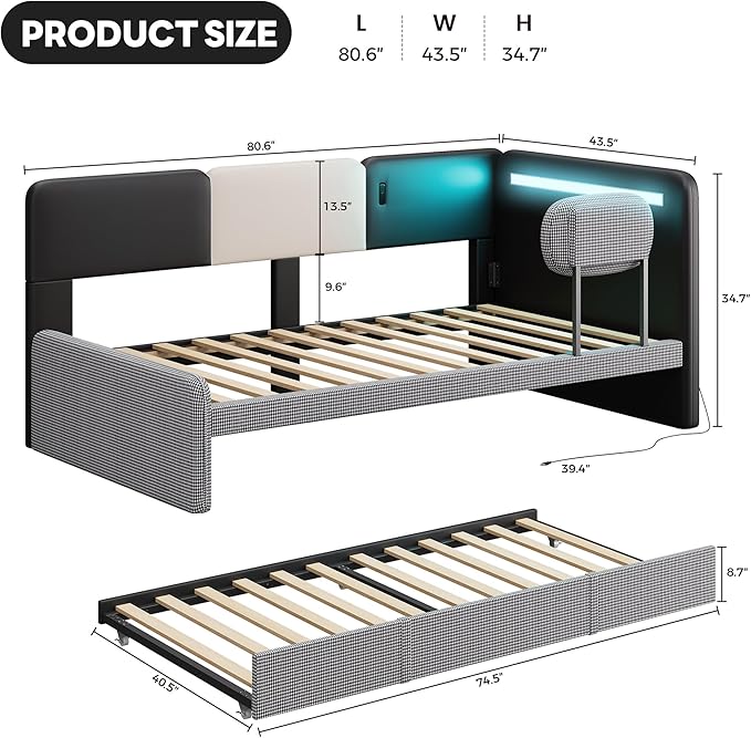 LIKIMIO Twin Daybed with Trundle, Day Bed Frame with 2 USB Ports& LED, - Image 2
