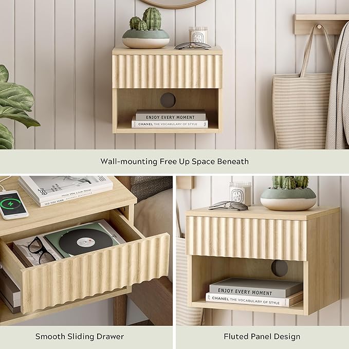 Small Floating Nightstand with Drawer, Modern Night Stand with Fluted Door and - Image 5