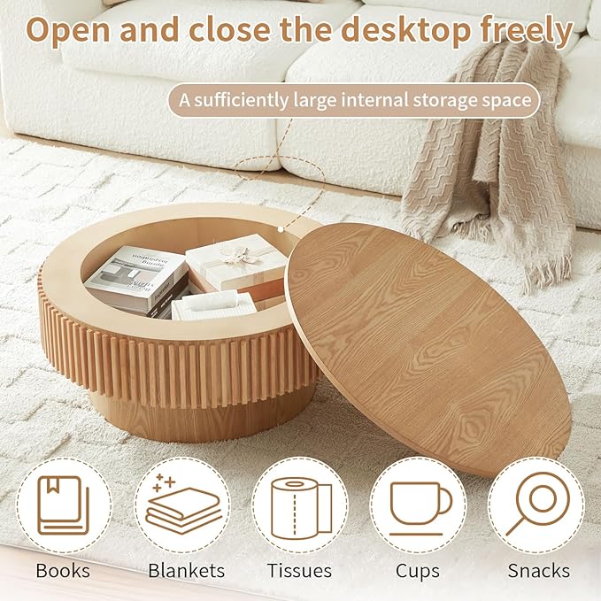 LKTART Round Coffee Table for Living Room, Accent Fluted Drum Coffee Table - Image 6