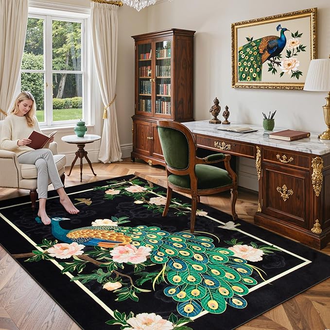 Lahome Peacock Washable Rugs 5x7, Soft Black Rug - Image 3