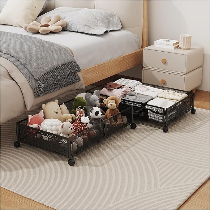Under Bed Storage with Wheels, Foldable Pattern Carved Metal Under The Bed by YEEBONIX-UnderBedStorage