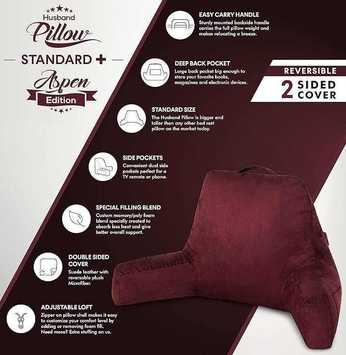 Husband Pillow Aspen Arizona Maroon, Reading Pillow Bed Rest Chair, Two-Sided - Image 4