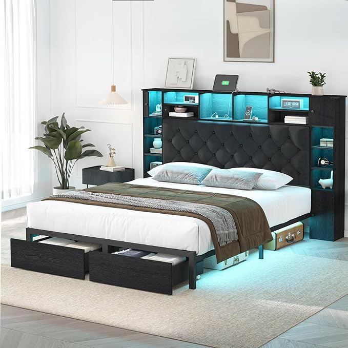 Full Size Bed Frame with Bookcase Headboard and Storage Drawers, 51.2" Metal - Image 6