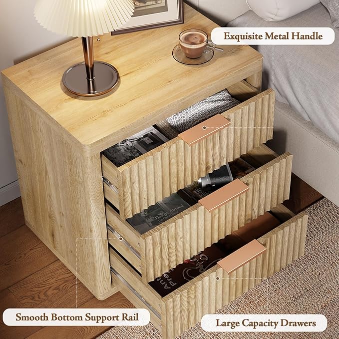Night Stand with 3 Drawers, Fluted Bed Side Table with Metal Handle, End Table - Image 4