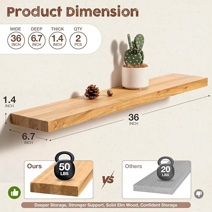fuqing Floating Shelves for Wall, 36 inch Rustic Solid Elm Wood Floating Shelves - Image 3