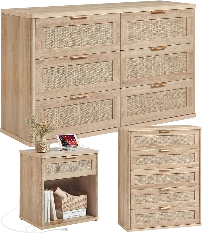 LEYAOYAO Rattan Dresser and Nightstand Set of 3, Boho Wood Dresser by LEYAOYAO-Findtheshiningpointofyourideallife%EF%BC%81