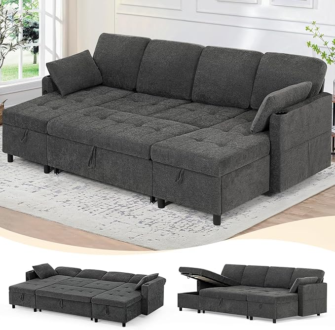 110" Fabric Pull-Out Couch Bed w/Adjustable Backrests, Sectional Sleeper Sofa by LESOFAIR