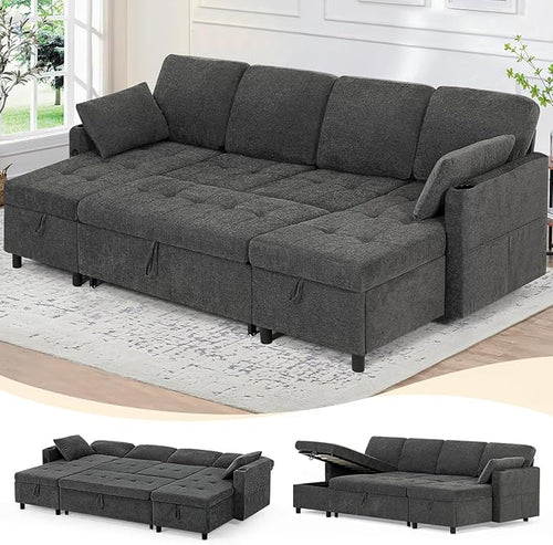 110" Fabric Pull-Out Couch Bed w/Adjustable Backrests, Sectional Sleeper Sofa by LESOFAIR