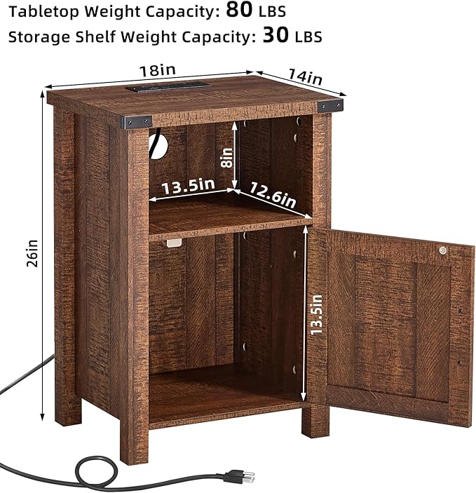 Joaxswe Night Stand with Charging Station and USB Port, 18 Inch Farmhouse - Image 2