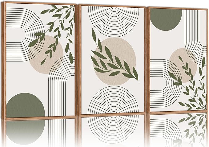 Yeehomedec Boho Sage Green Framed Canvas Wall Art, Mid Century Modern Wall Decor by Unknown
