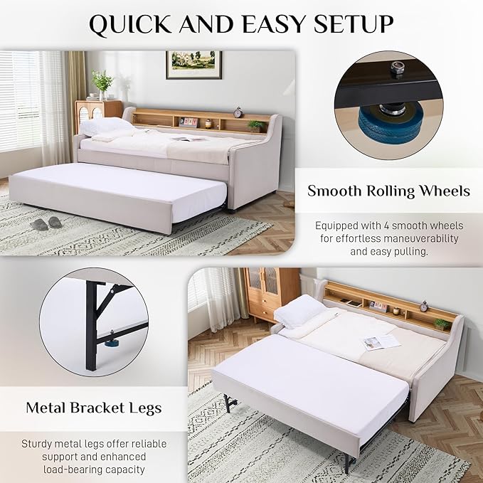 Twin Size Daybed with Pop Up Trundle Bed, Linen Fabric Upholstered Day Bed - Image 4