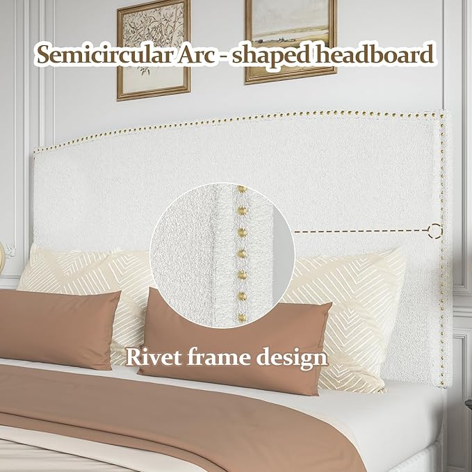 Full Size Bed Frame with Headboard, Soft Boucle Fabric, No Box Spring Needed - Image 4