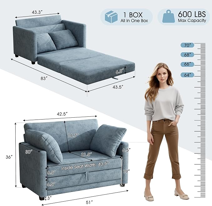 51" Loveseat Sleeper Sofa Bed, Chenille Convertible Floor Sofa Bed - Image 2
