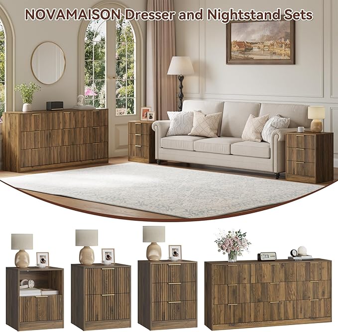 Walnut Dresser & 3 Drawer Nightstand Set 3-Piece, 63” Long 9 Drawer Dresser and - Image 4