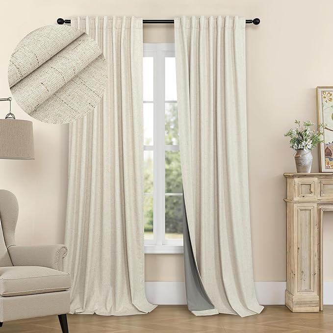 98 Inch Curtains Blackout Linen Country Cottage Core Thick Textured Lightweight by Pitalk