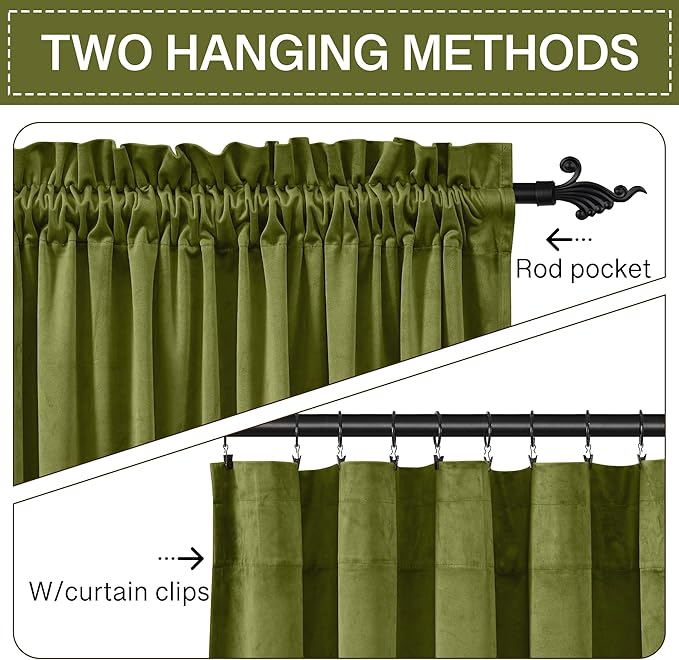 StangH Green Velvet Curtains for Living Room, 96 inches Long Thermal Insulated - Image 3