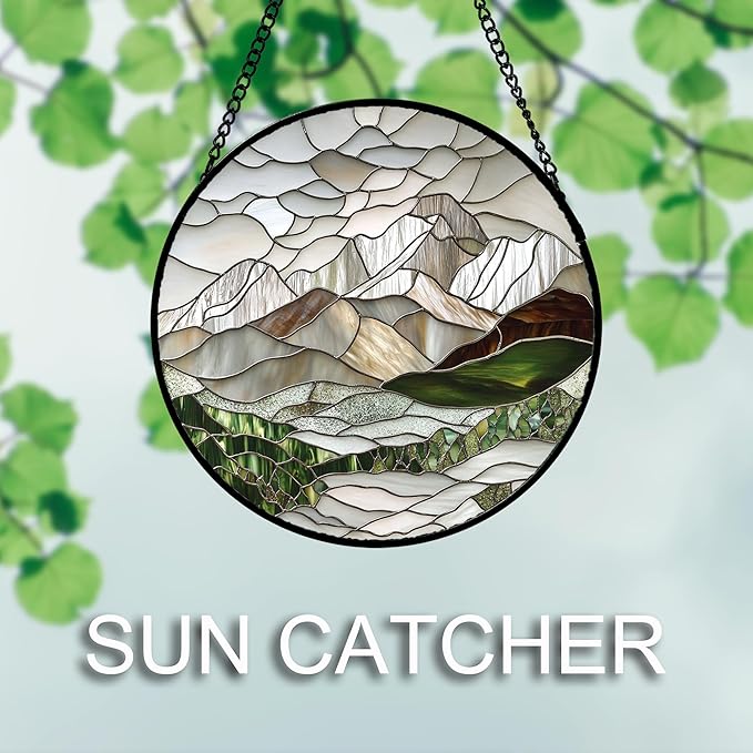 AMDERVEN Stained Glass Window Hanging 4 Pcs Set Mountain River Landscape Large - Image 3