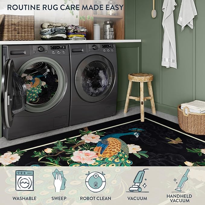 Lahome Peacock Washable Rugs 5x7, Soft Black Rug - Image 6