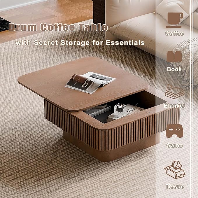 Square Small Coffee Table with Storage, Modern Wooden Coffee Table with Solid - Image 5
