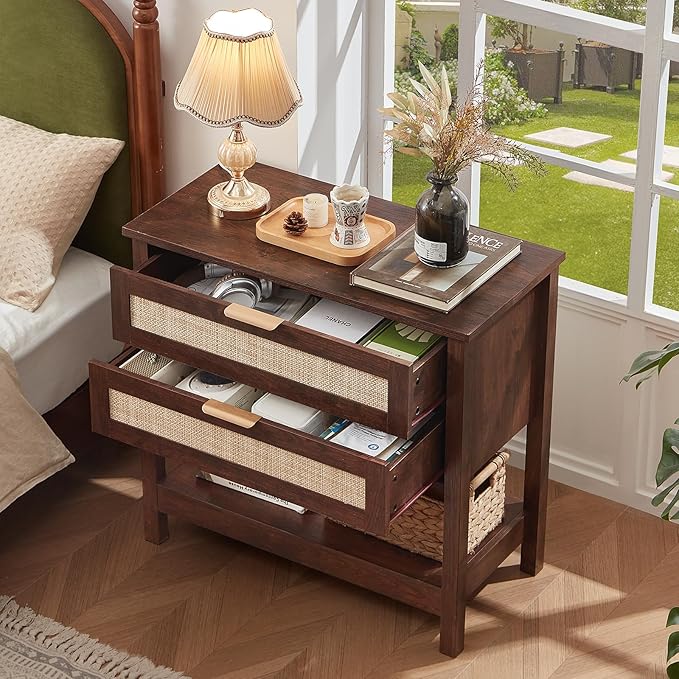 LEYAOYAO 31.5" Wide Rattan Night Stand, Oversized Large Walnut Nightstand - Image 8