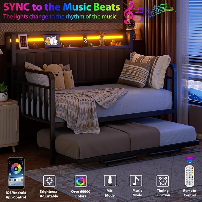 Daybed with Trundle and LED Light, Heavy Duty Metal Twin Bed Frame with - Image 5
