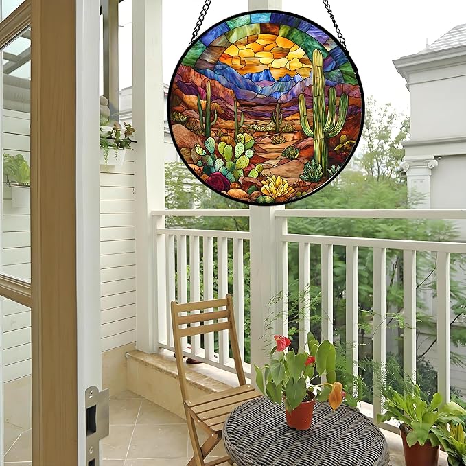 CRISGIF Stained Glass Window Hanging Cactus Mountains Landscape Large 15" - Image 5