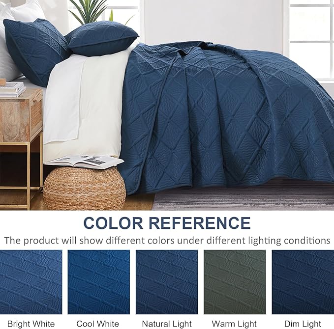 Yiran Quilt Queen Size Bedding Set Navy Blue Bedspreads Embossed Diamond - Image 7