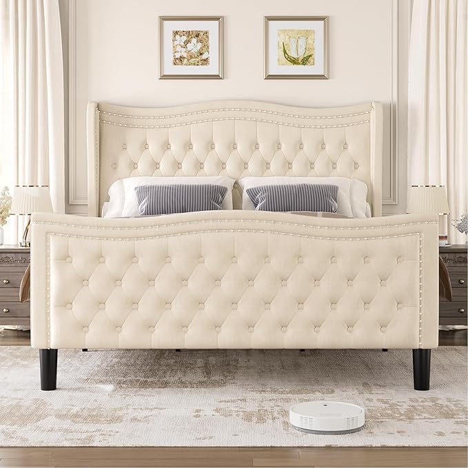 King Bed Frame with Tall Headboard & Footboard, Velvet Upholstered Platform Bed - Image 4