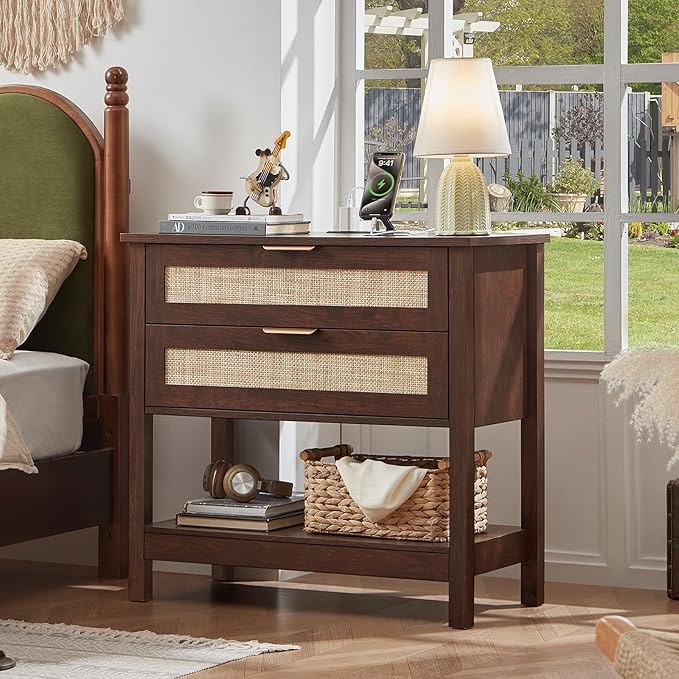 LEYAOYAO 31.5" Wide Rattan Night Stand, Large Boho Nightstand, Bedside Table - Image 8