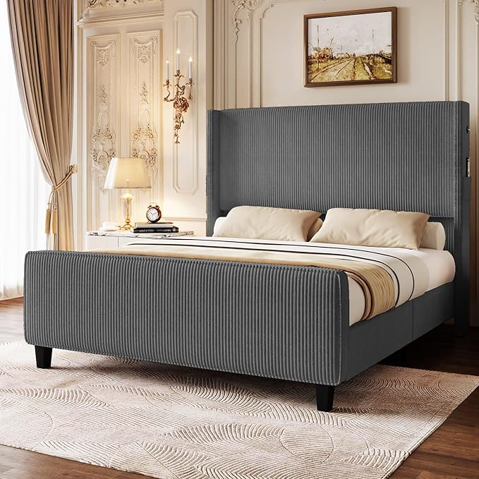 King Size Bed Frame with Headboard, Upholstered Platform Bed with Tall Wingback - Image 3
