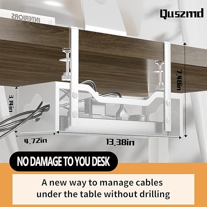Under Desk Cable Management Tray 13.38", Quszmd Cable Organizer No Drill - Image 2