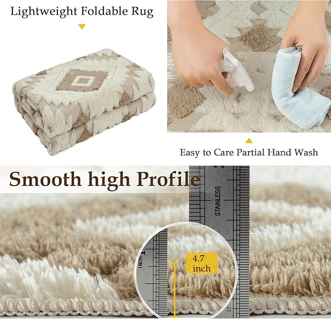 Ivory Brown 5x7 Area Rug Washable Living Room Moroccan Shag Carpet Non Slip - Image 5