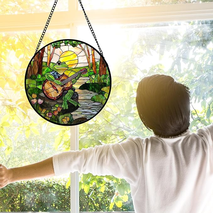 DASTOLL Stained Glass Window Hanging, Frog Playing Guitar Suncatcher Diamond - Image 4