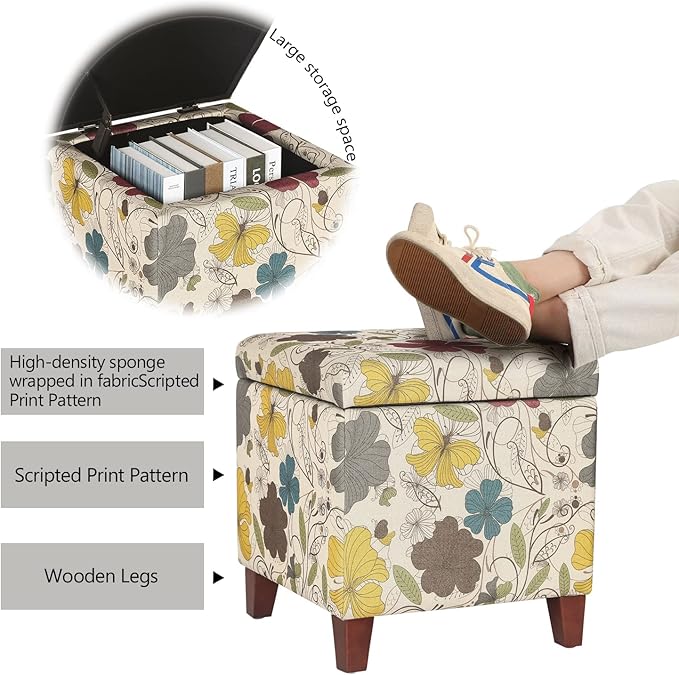 Adeco 18 Inch High Cube Ottoman Storage, Floral Printed Linen Chair Foot Stools - Image 4