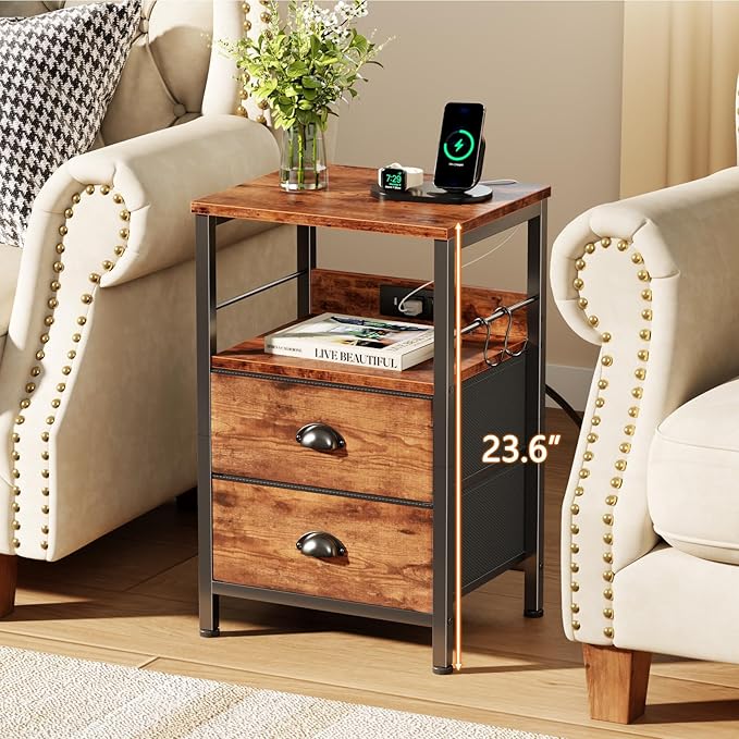 Furologee Nightstand Set of 2, Rustic Brown, - Image 2