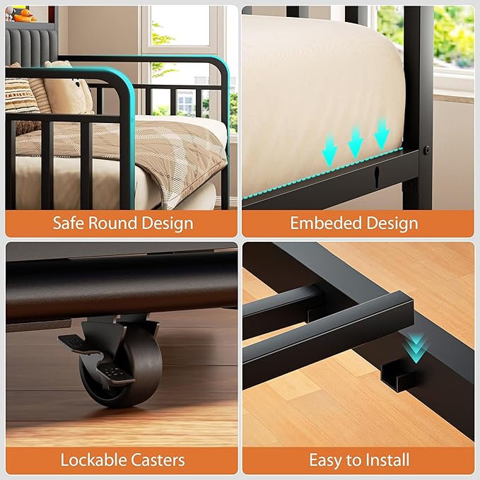 Daybed with Trundle and LED Light, Heavy Duty Metal Full Bed Frame with - Image 7