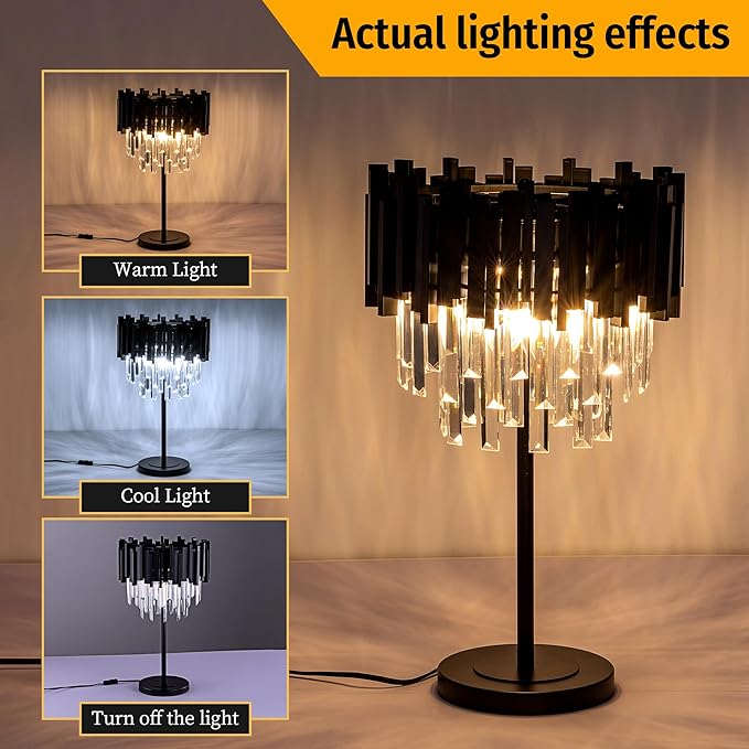 Wellmet Black Crystal Table Lamp, 3 Lights Table Lamps - Image 2