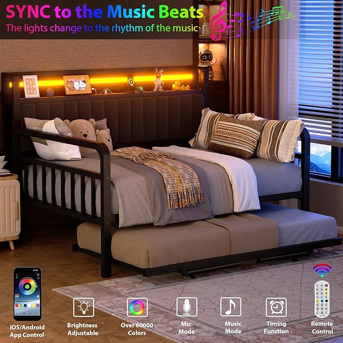 Daybed with Trundle and LED Light, Heavy Duty Metal Full Bed Frame with - Image 5