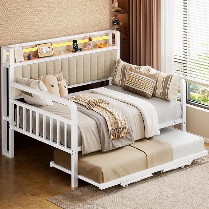 Daybed with Trundle and LED Light, Heavy Duty Metal Full Bed Frame with by JOCOEVOL