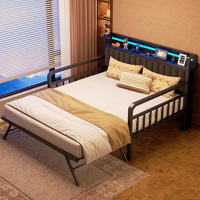 Daybed with Trundle and LED Light, Heavy Duty Metal Full Bed Frame with - Image 3