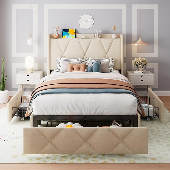 Feonase Twin Bed Frame with 3 Storage Drawers, Upholstered Platform Bed with by FEONASE