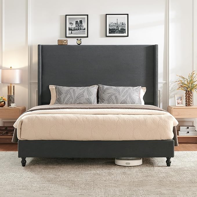King Bed Frame with 65" Tall Headboard, Horizontal Fine Corduroy Bed Frame with - Image 8