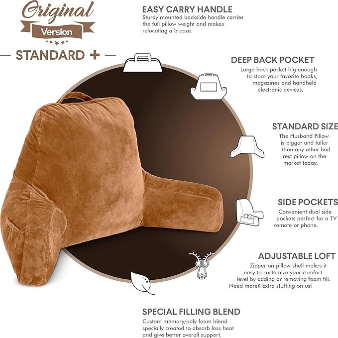 Husband Pillow Tan, Original Reading Pillow in Bed Rest Chair, Shredded Memory - Image 5
