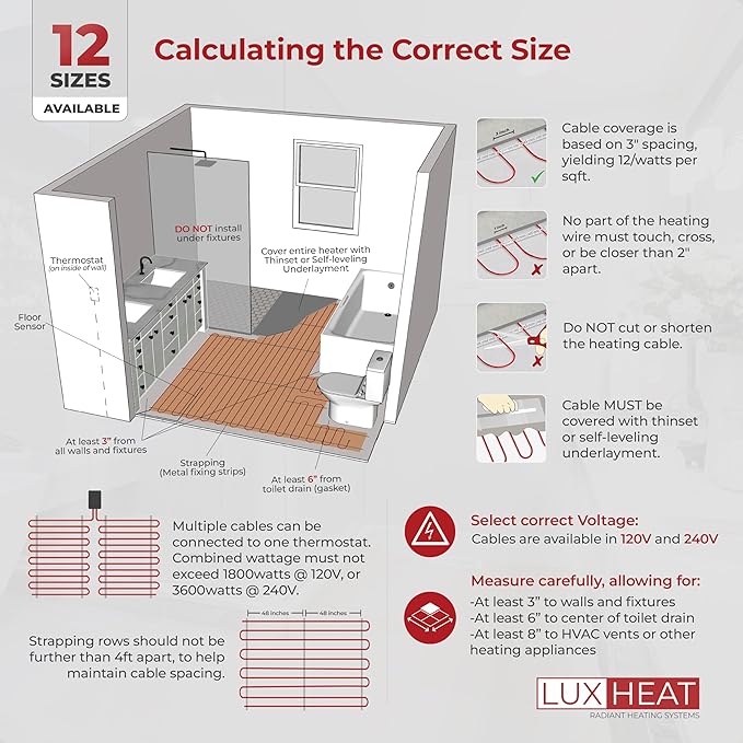 LuxHeat 50sqft Floor Heating Cable Kit - 240v Heated Tile Floor System - Heated - Image 6