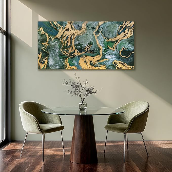 YETHEN WAL Emerald Green Abstract Wall Art Fluid Canvas Wall Decor Modern Art - Image 3