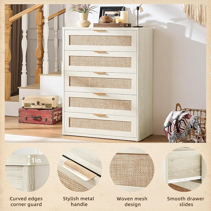 LEYAOYAO Rattan Dresser for Bedroom 41" Tall Chest of Drawers, Modern 5 Drawers - Image 8