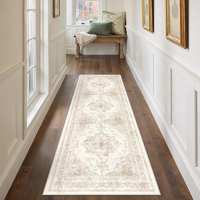 Runner Rug 3x8 Cream Hallway Washable Beige Carpet Non Slip Vintage Medallion by PureCozy